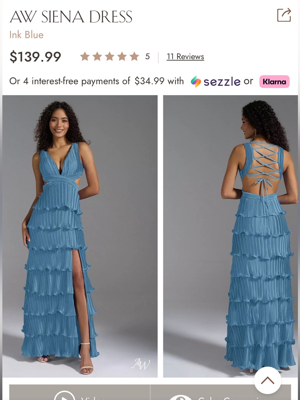 AW Siena Ink Blue Tiered Pleated Maxi Dress with Lace-Up Back